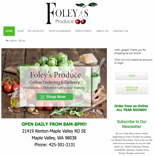 A screenshot of the homepage for Foley's Produce.