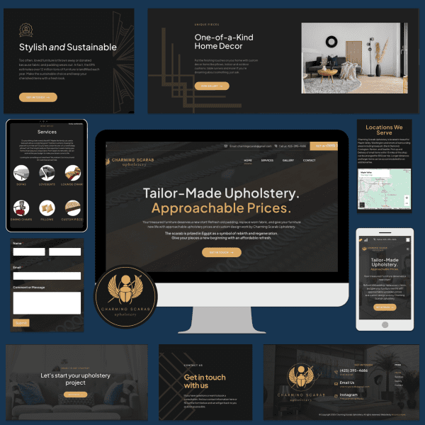 A group of screenshots of the Charming Scarab Upholstery websites.